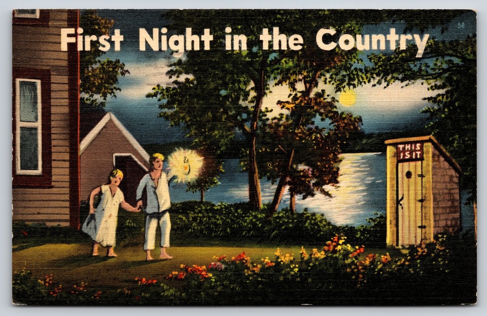 First Night In Country~Couple Going to Outhouse~Vintage Linen Postcard