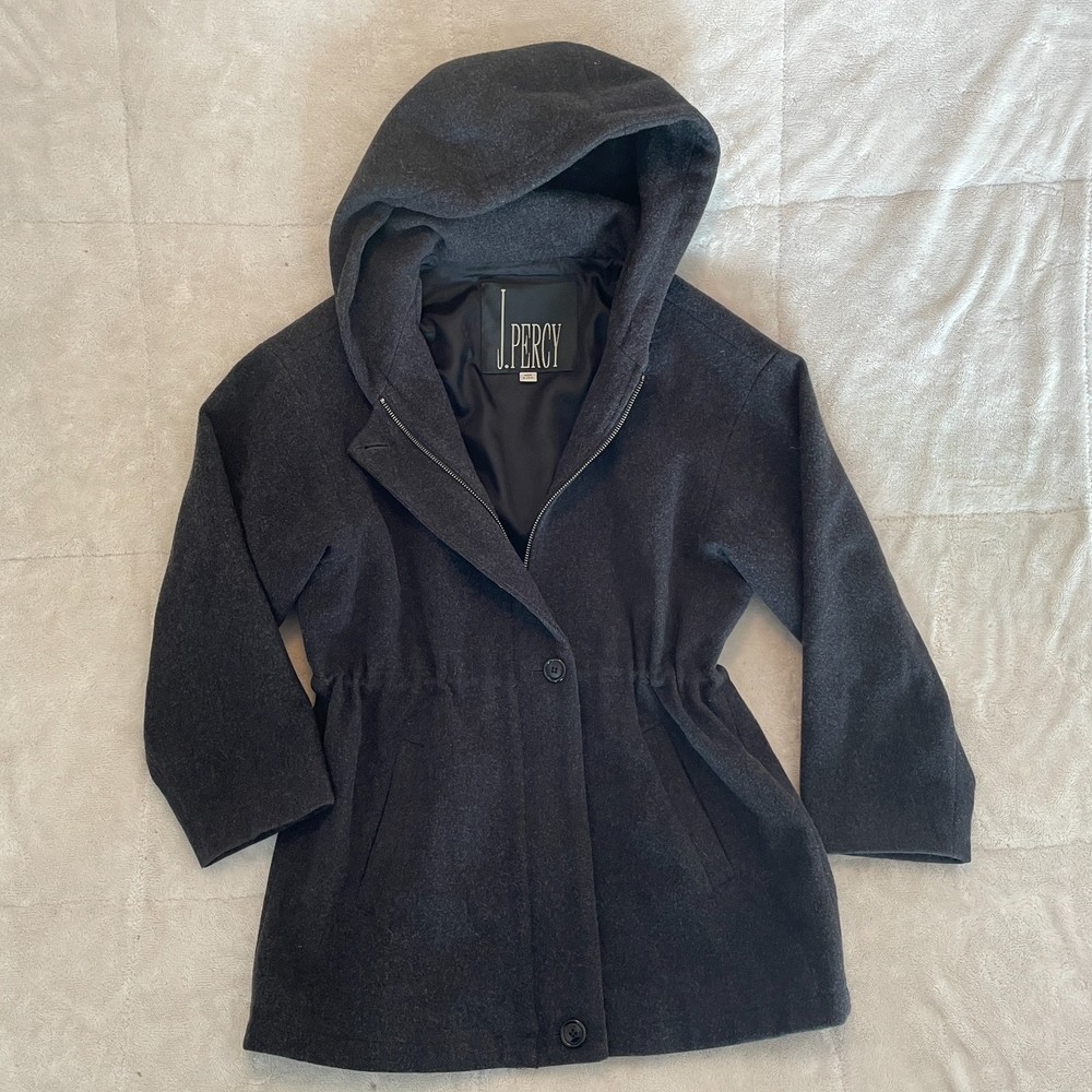 J. Percy 100% Merino Wool Hooded Coat Adjustable Waist, Gray
