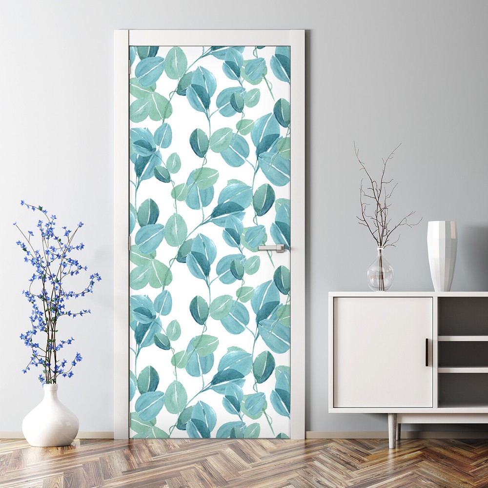 Watercolour Eucalyptus Bubble Free Green Soft Leaves Repositionable Door Decal