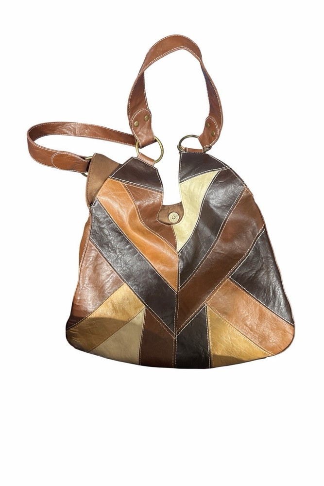 Patchwork Leather Boho Shoulder Bag Brown Tan Beige Yellow Multi-Color