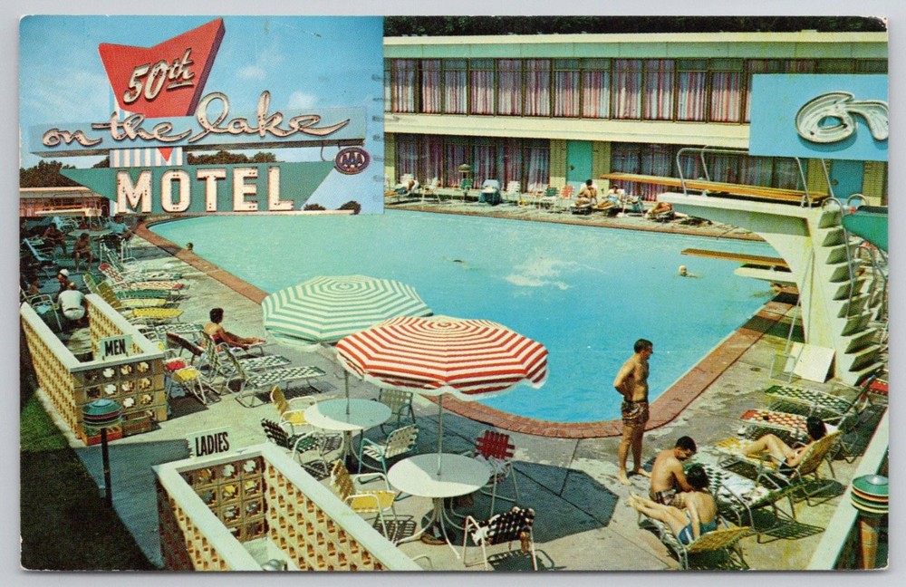 Vintage 1959 50th on the Lake Motel Chicago IL Swimming Pool Postcard