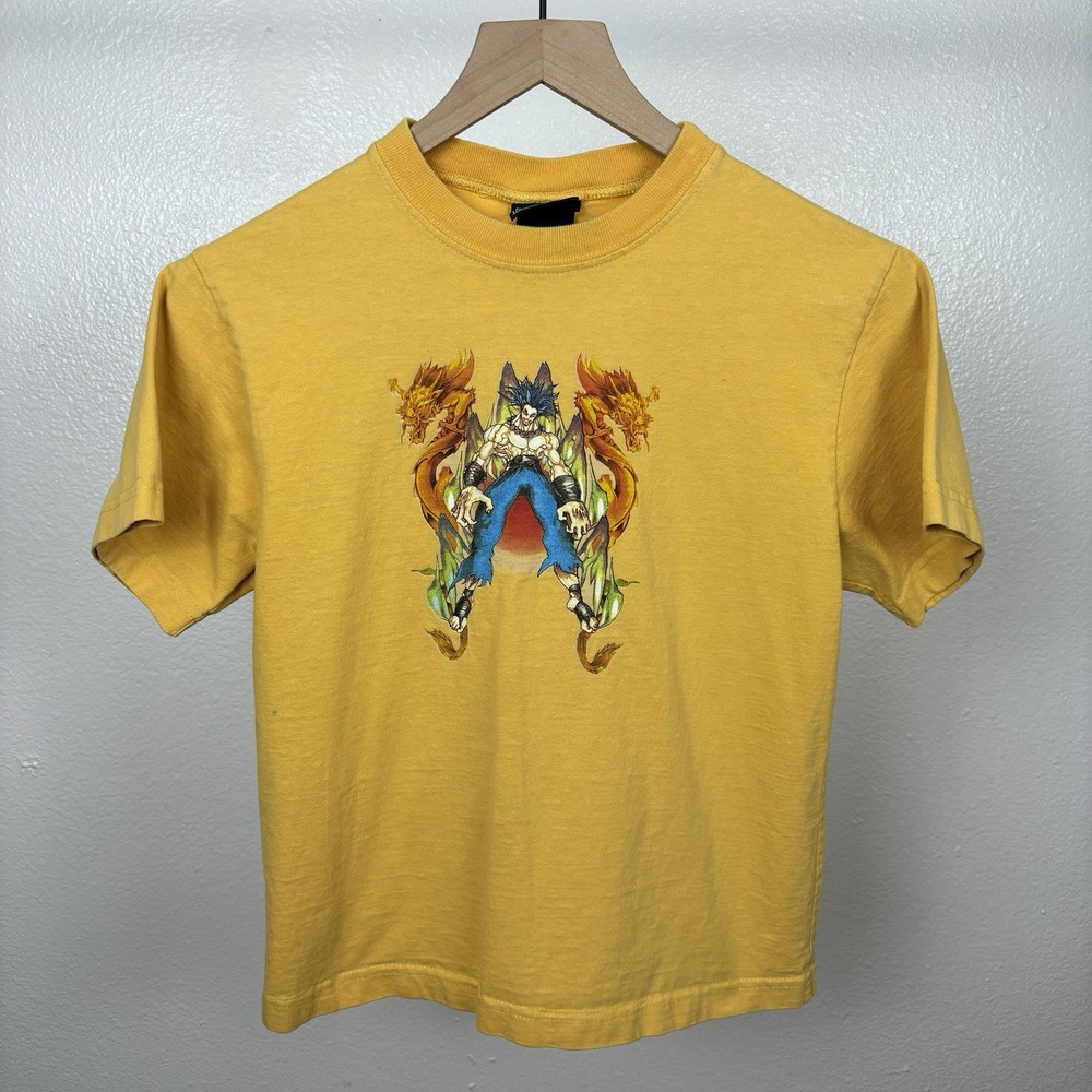 Vintage Y2k Dragon Anime Flames Punk Graphic T Shirt Size Small Yellow 90’s