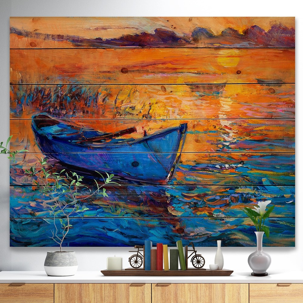 Designart 'Blue Boats In Calm Sunset' Nautical & Coastal Wood Wall Art Panels -