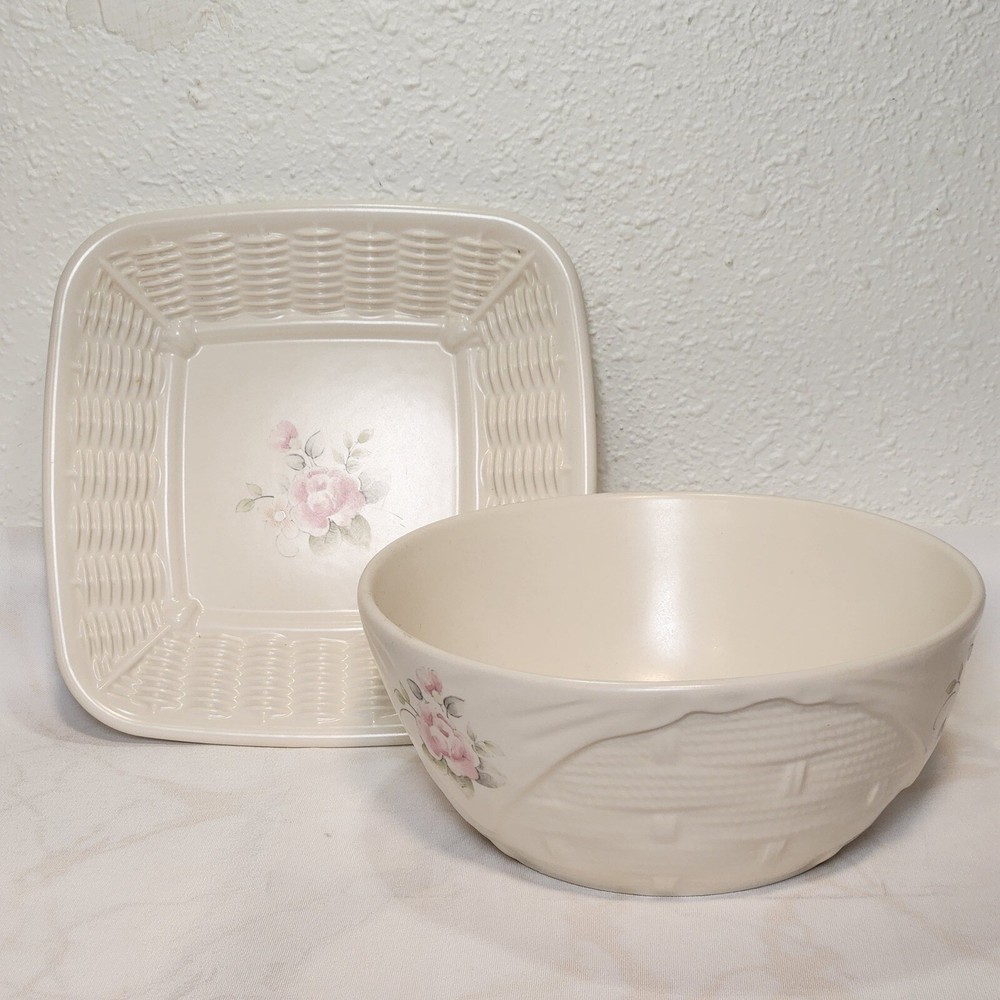 Pfaltzgraff Tea Rose Basketweave 2-Piece Bread Plate and Serving Bowl Set Made in USA