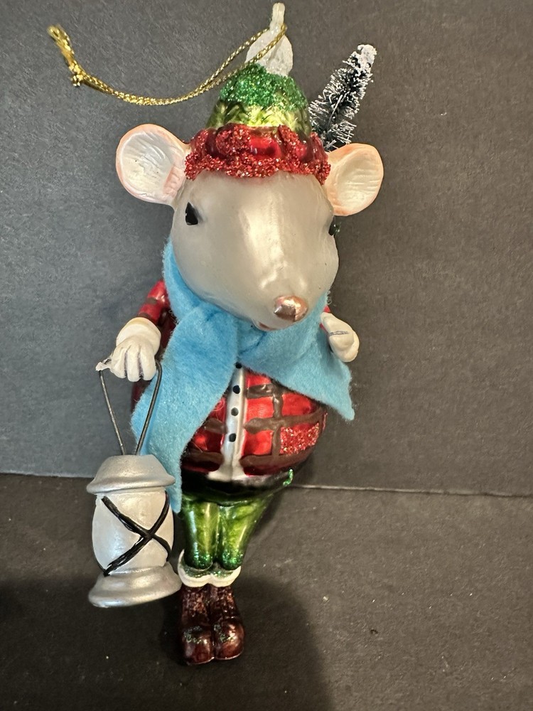 Ornament Christmas CUTE! MOUSE WITH LANTERN AND MINI TREE GLASS