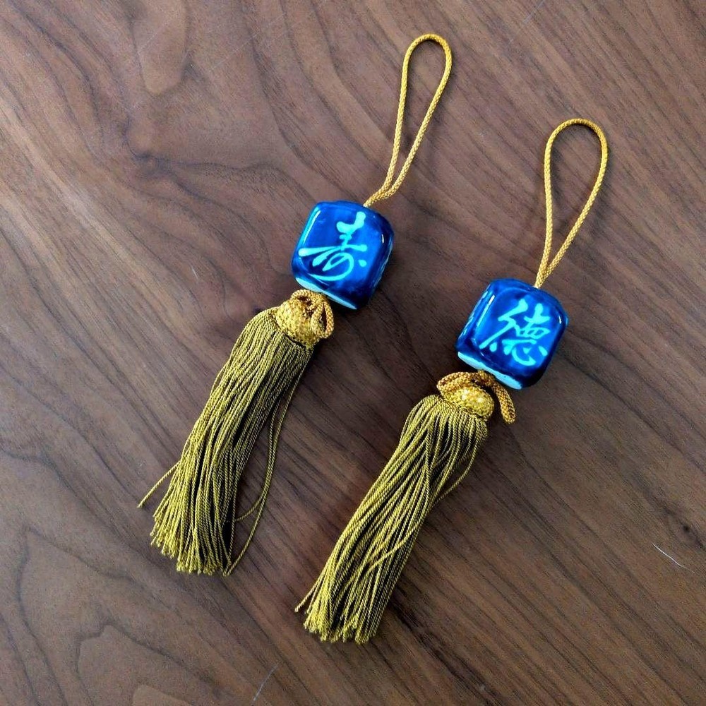 Ceramic Tassel Set of 2 for Hanging Scroll Blue & Gold Decorative Porch