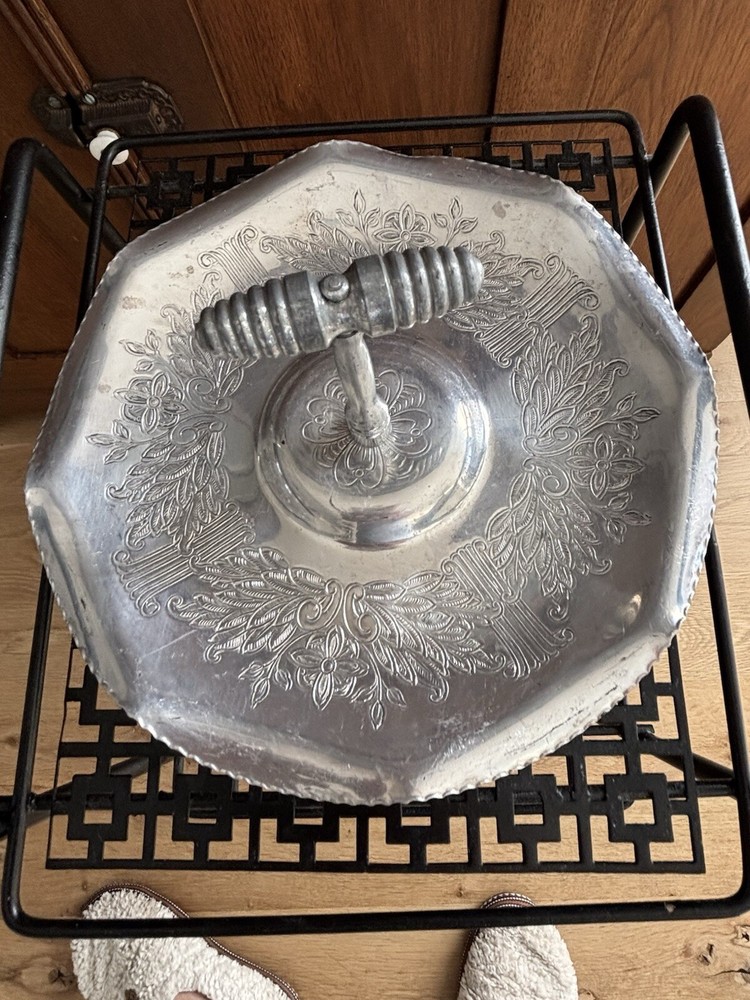 Vintage Aluminum Round Floral Serving Tray With Handle