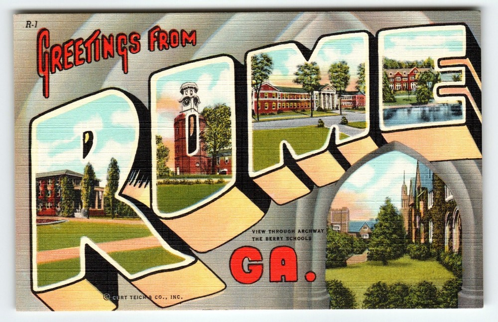 Greetings From Rome Georgia Large Letter Linen City Postcard Curt Teich Vintage