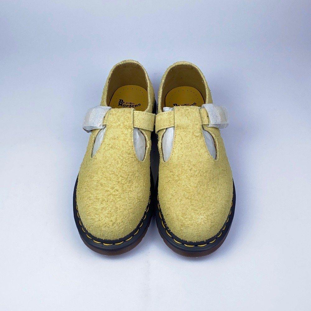 Dr. Martens Polley T-Bar Mary Janes Long Napped Suede Hazy Yellow Men 6 Women 7