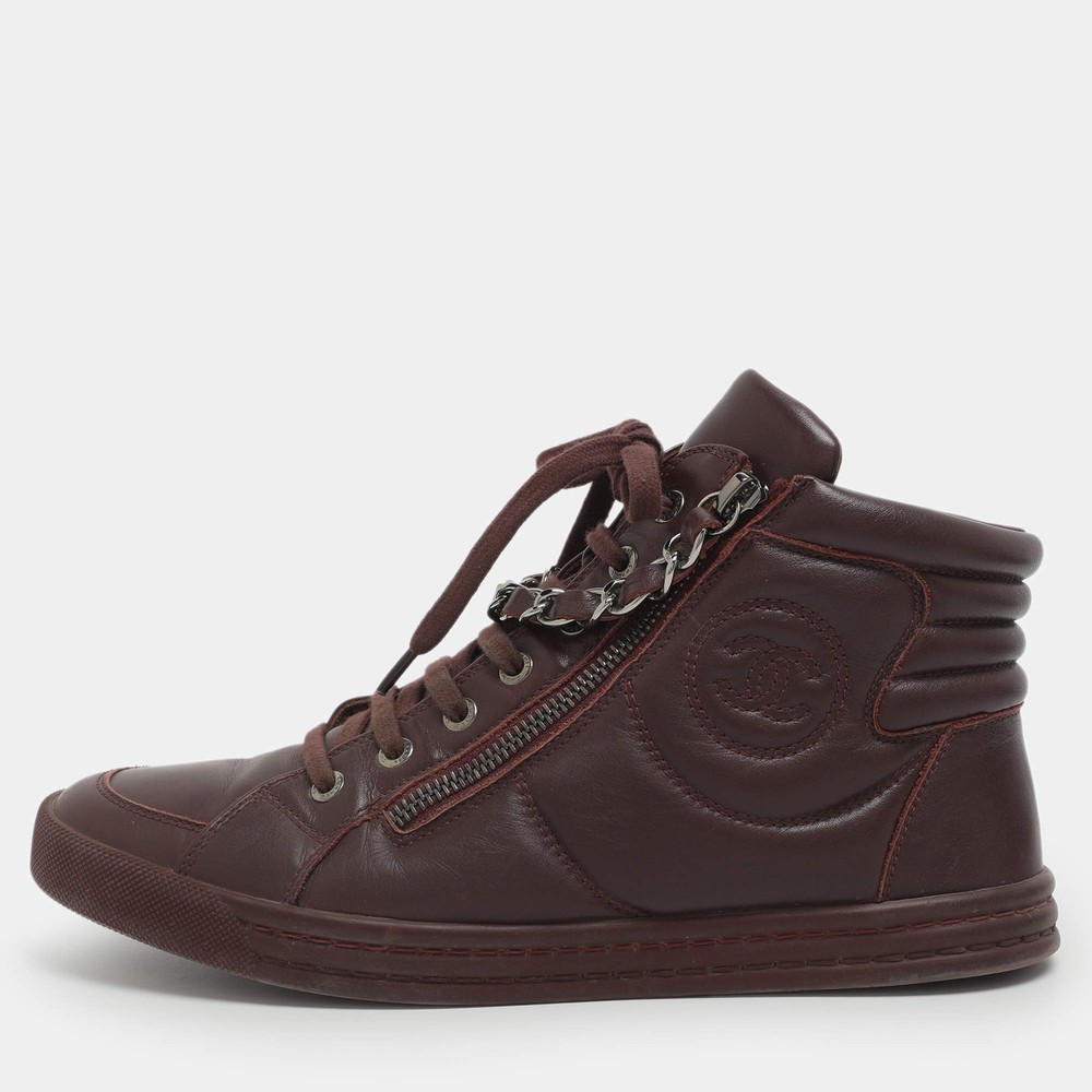 Chanel CC Size 39 Burgundy Leather High Top Sneakers
