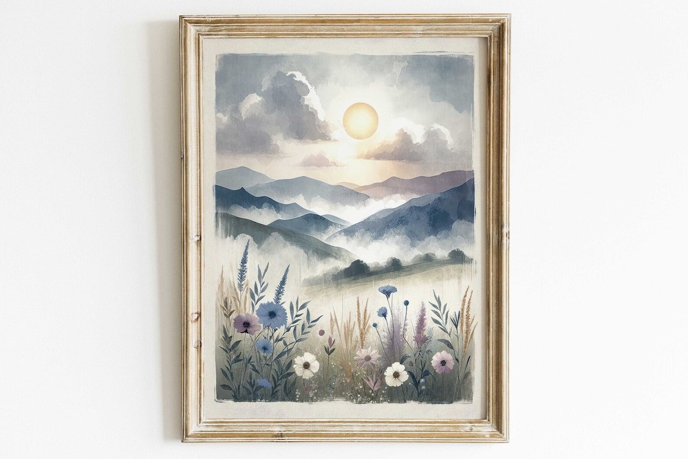 Wildflower Mountain Print Nursery Landscape Art Rustic Nature Painting