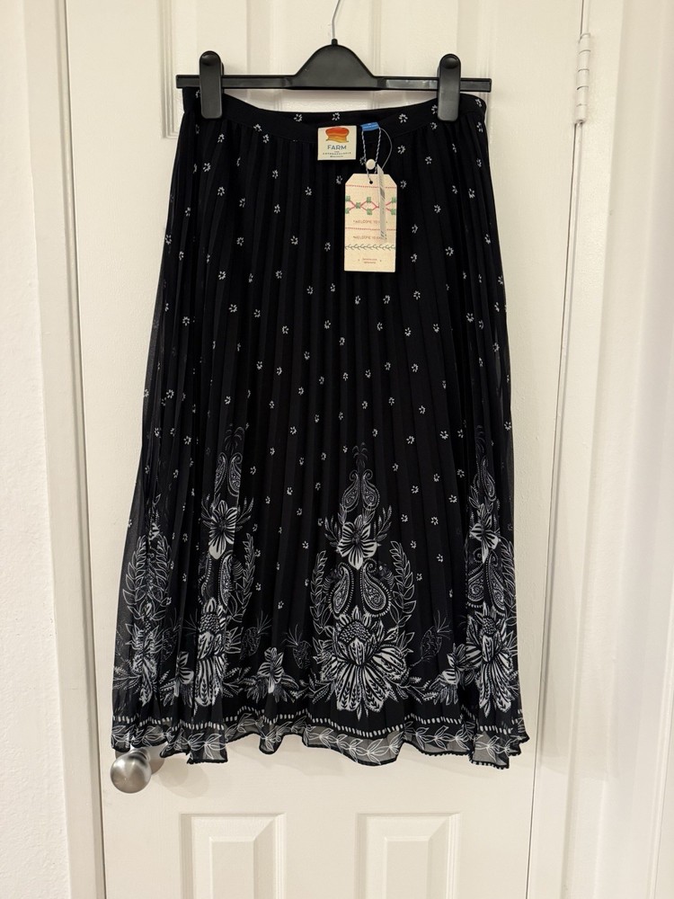 Farm Rio x Anthropologie Black and White Floral Pleated Midi Skirt, NWT, Size M