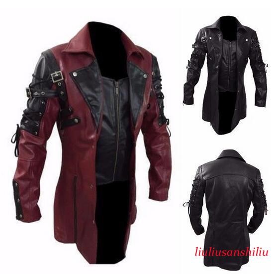 Coat Goth Trench New Men Steampunk Gothic Faux Leather Jacket Nightclub Cosplay