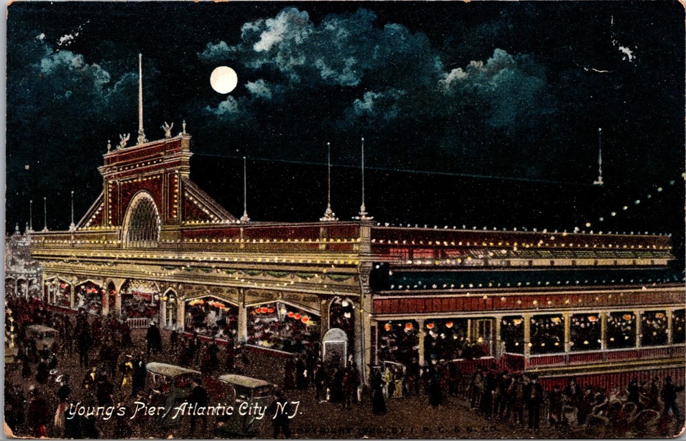 Young’s Pier Atlantic City New Jersey Moonlight Night Vintage Postcard