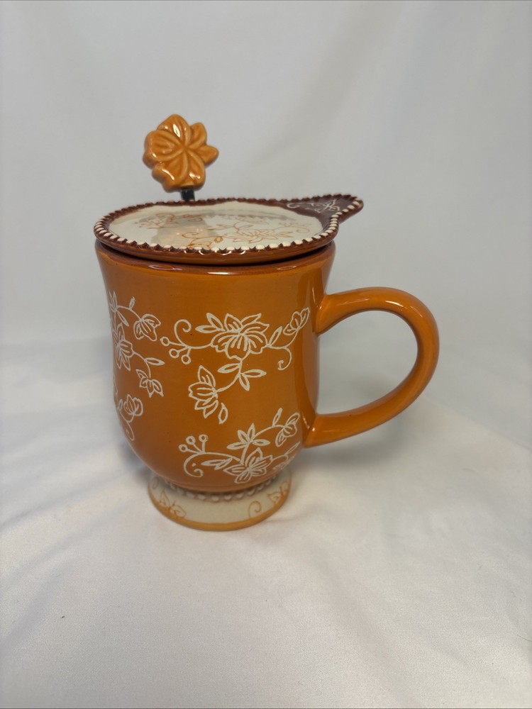 Orange Floral Lace 16oz Coffee Tea Cup Mug Spoon Coaster Set Temptations by Tara