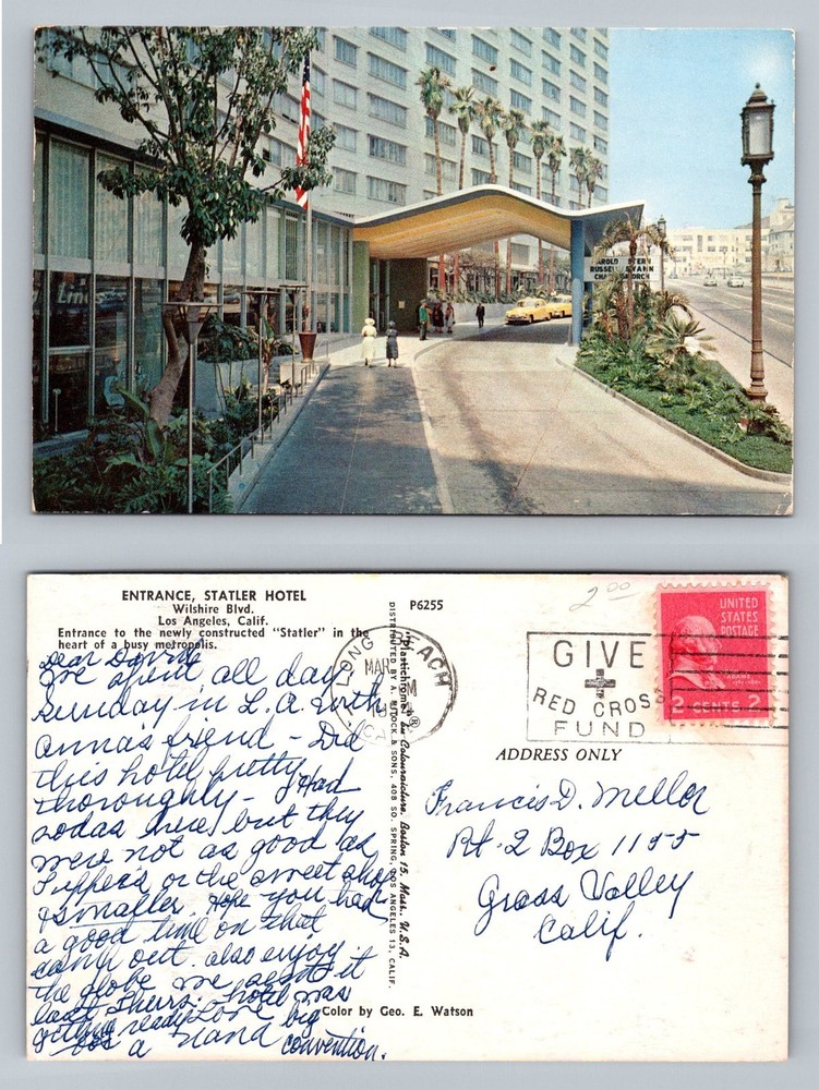 Los Angeles CA-California Statler Hotel Entrance Wilshire Vintage c1954 Postcard