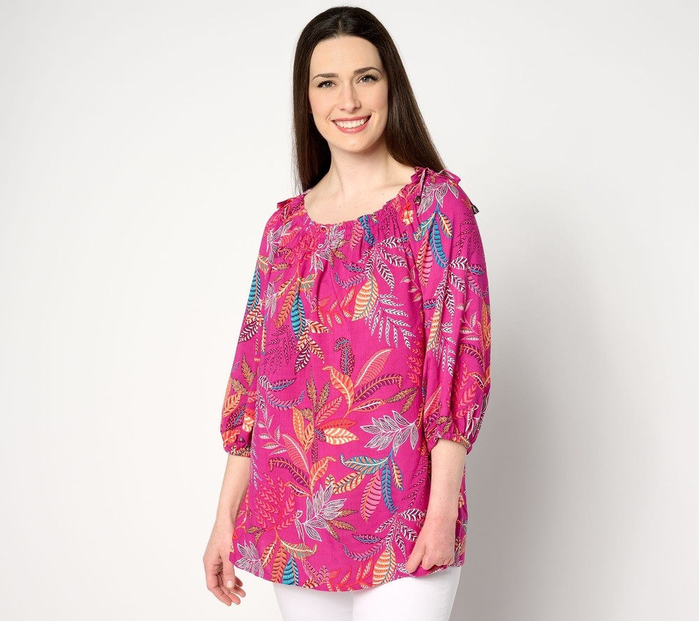 Susan Graver Women's Top Plus Sz 1X PURE Rayon Woven -Sleeve Peasant Pink