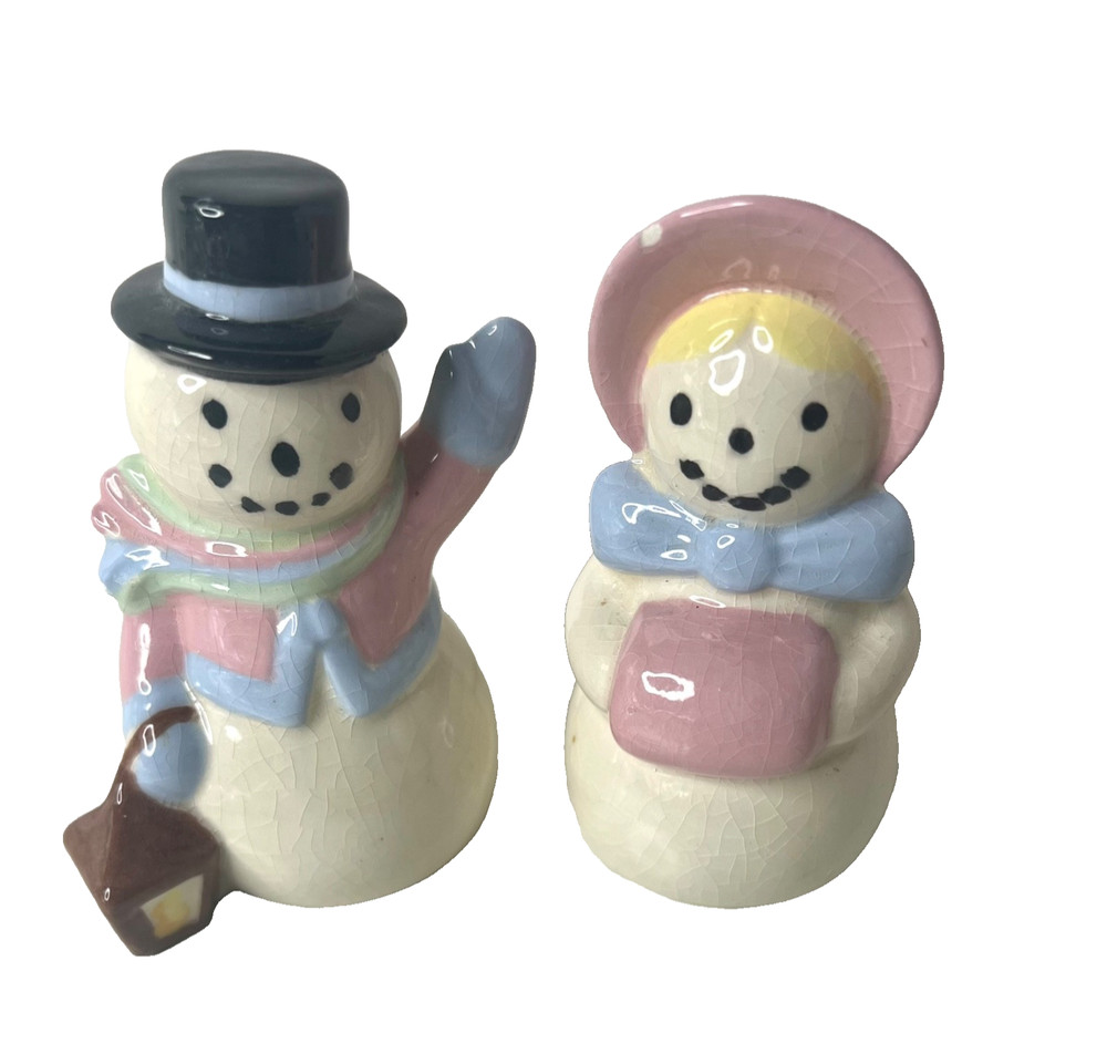 Mr and Mrs Snowman Figurines Ceramic Porcelain 4” Crazing