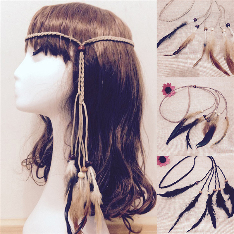 Hippie Indian Feather Headband Handmade Weave Feathers Hair Rope HeaddresO*a5