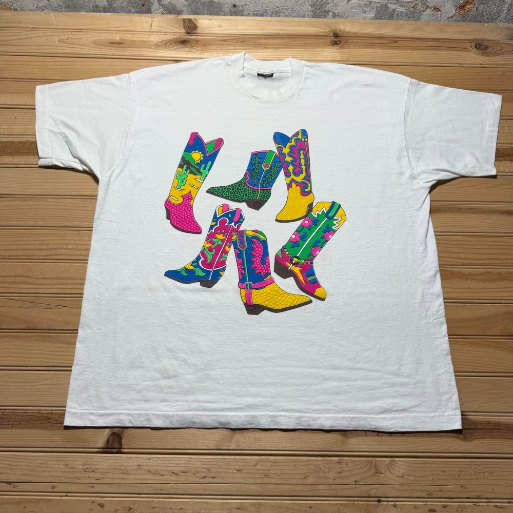 Vintage 90s Cowgirl Western Boots Colorful Art Puff Print Graphic T-Shirt - XXL