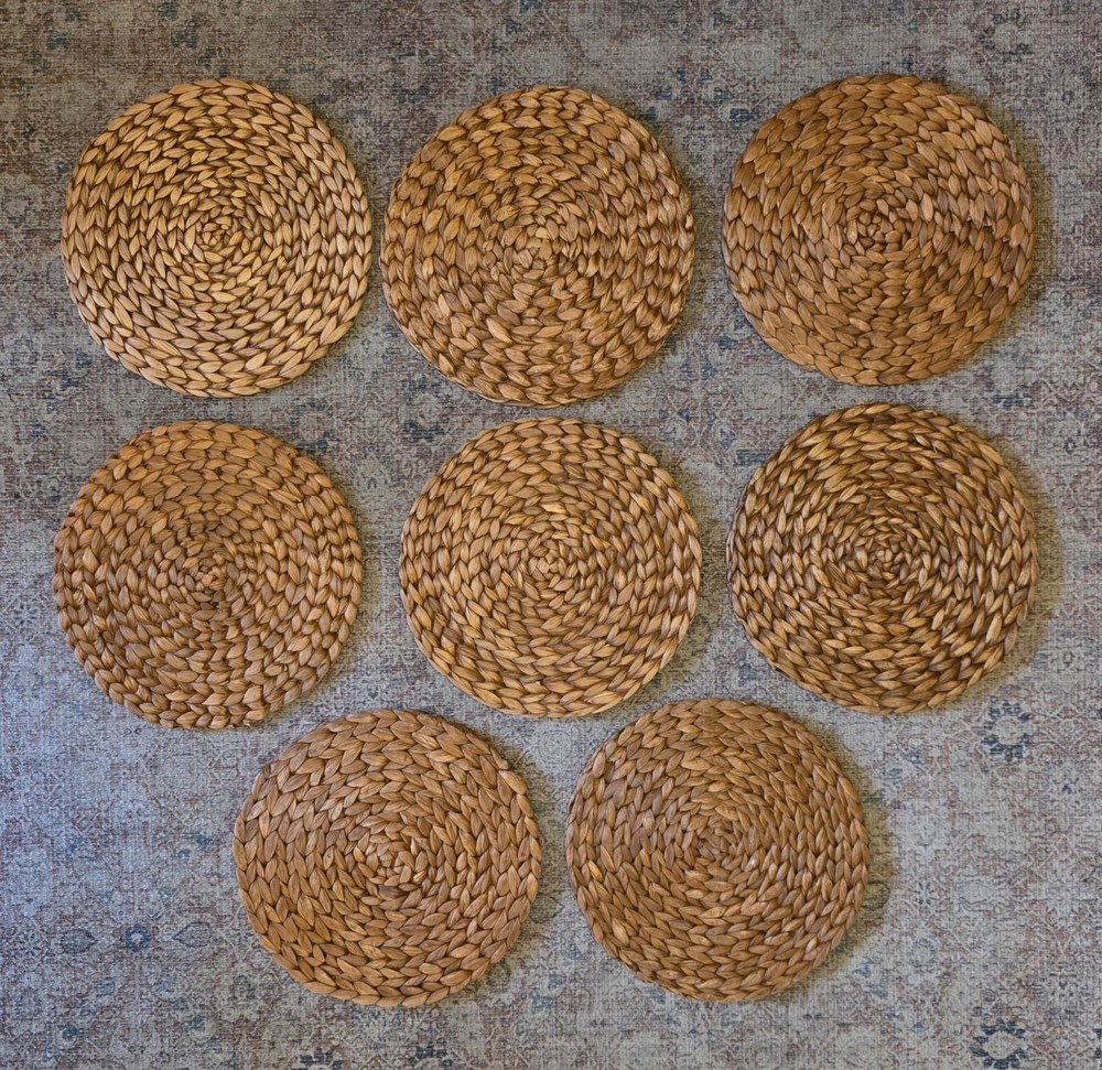 Vintage Set Of 8 Rattan Wicker Plate Chargers Placemats Tiki Boho Woven