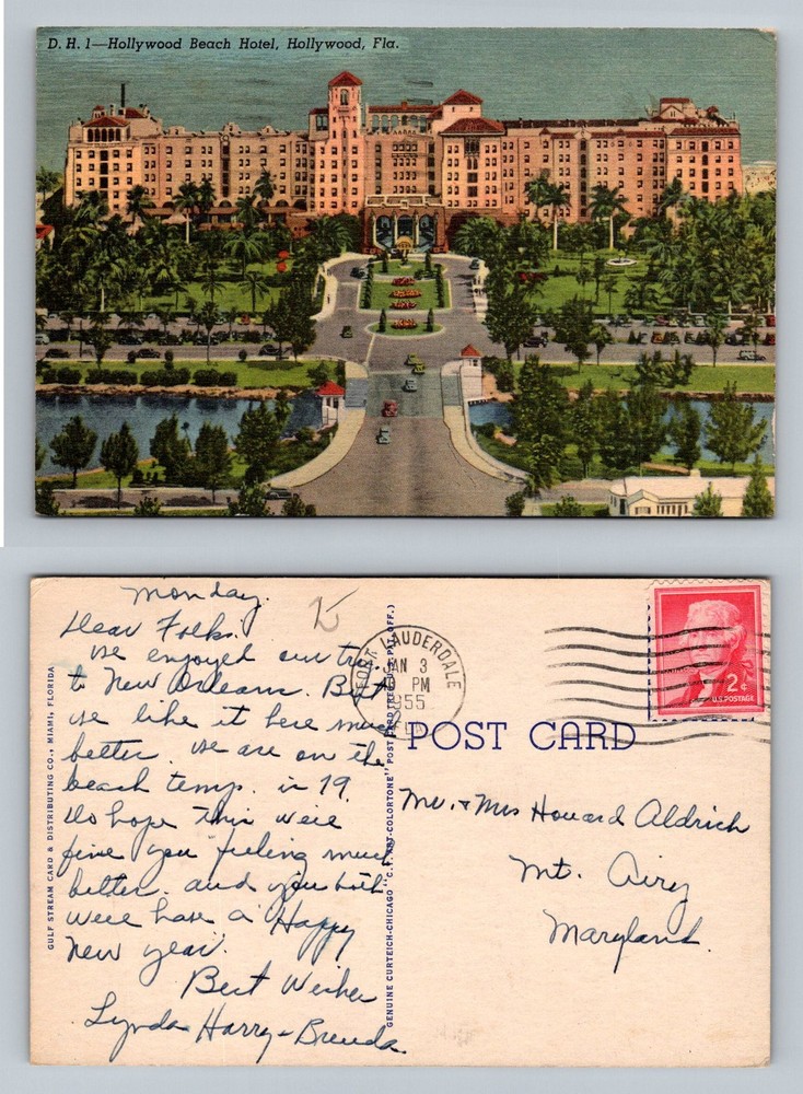 Hollywood, FL-Florida, Bird's Eye Hollywood Beach Hotel Vintage c1955 Postcard