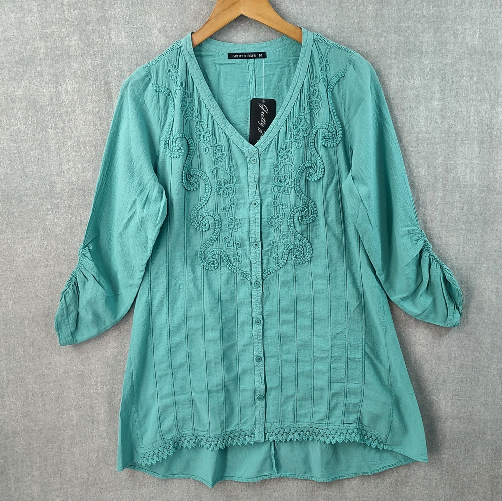 Gretty Zueger Cotton Tunic Top M Teal Lagenlook Pleated Ruched Crochet Lace Boho