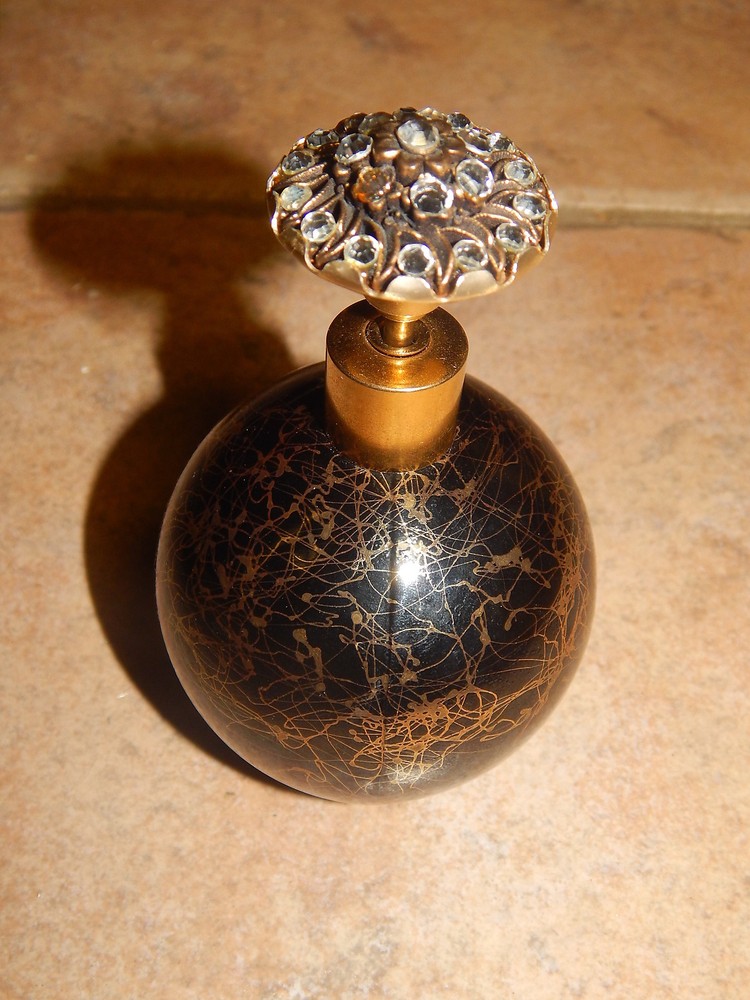 Vintage Black & Gold Abstract Glass Perfume Bottle with Rhinestones-image