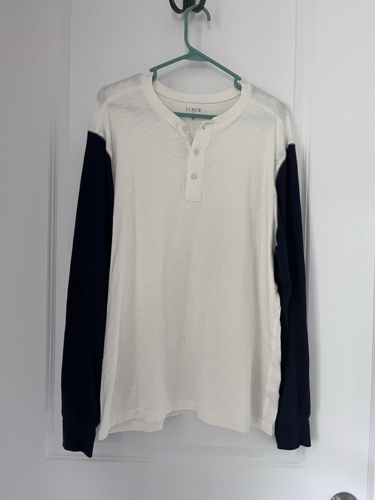 J.CREW Men's Colorblock Henley T-Shirt White/Blue Long Sleeve XL Cotton Knit