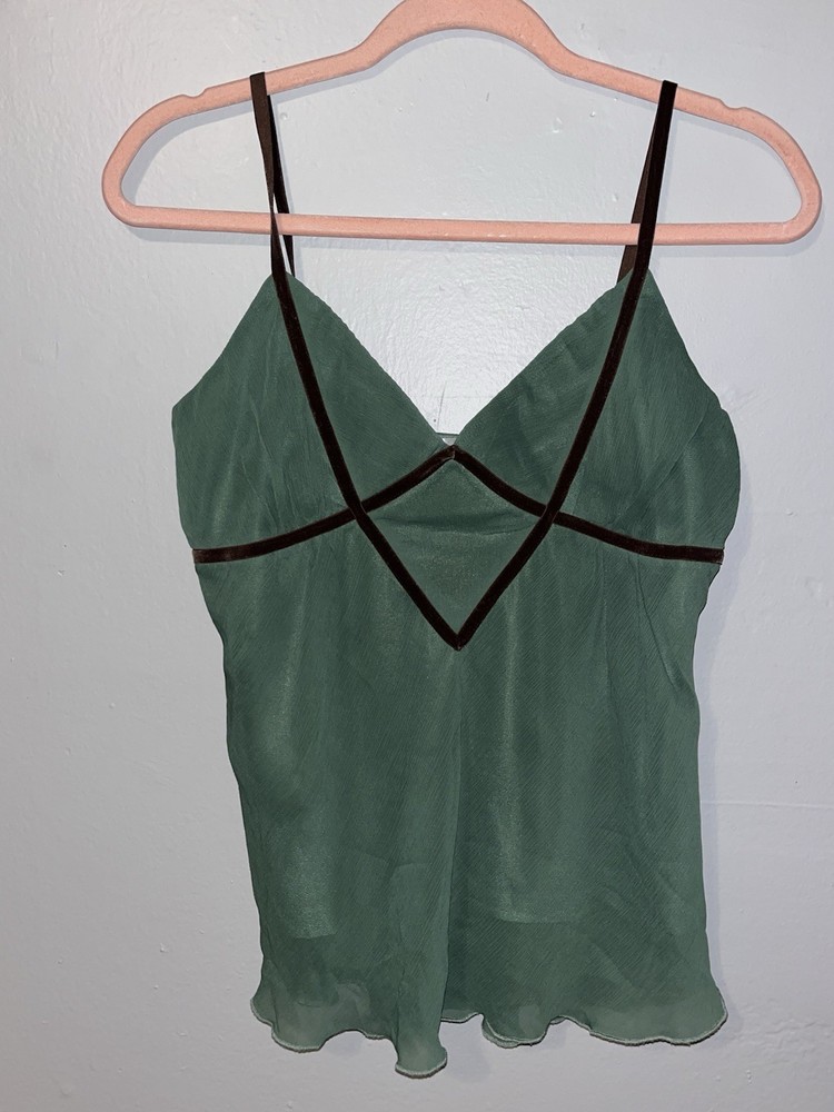 Y2K Dark Green Fairy Top With Velvet Brown Trim Size M With Lettuce Edge Trim