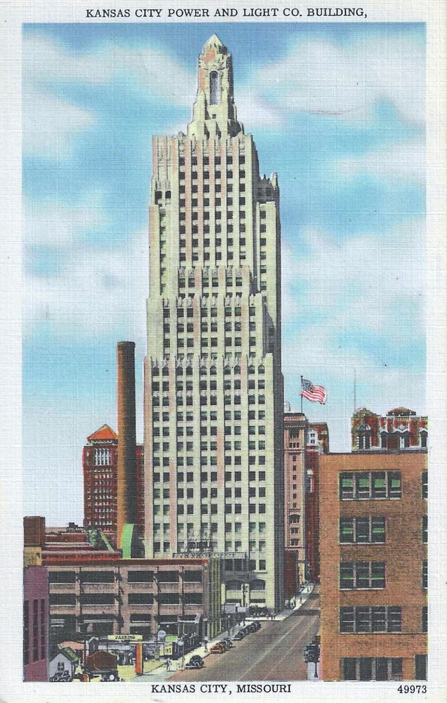 C1940s Kansas City, MO Missouri ~ Power and Light Co. Building ~ American Flag