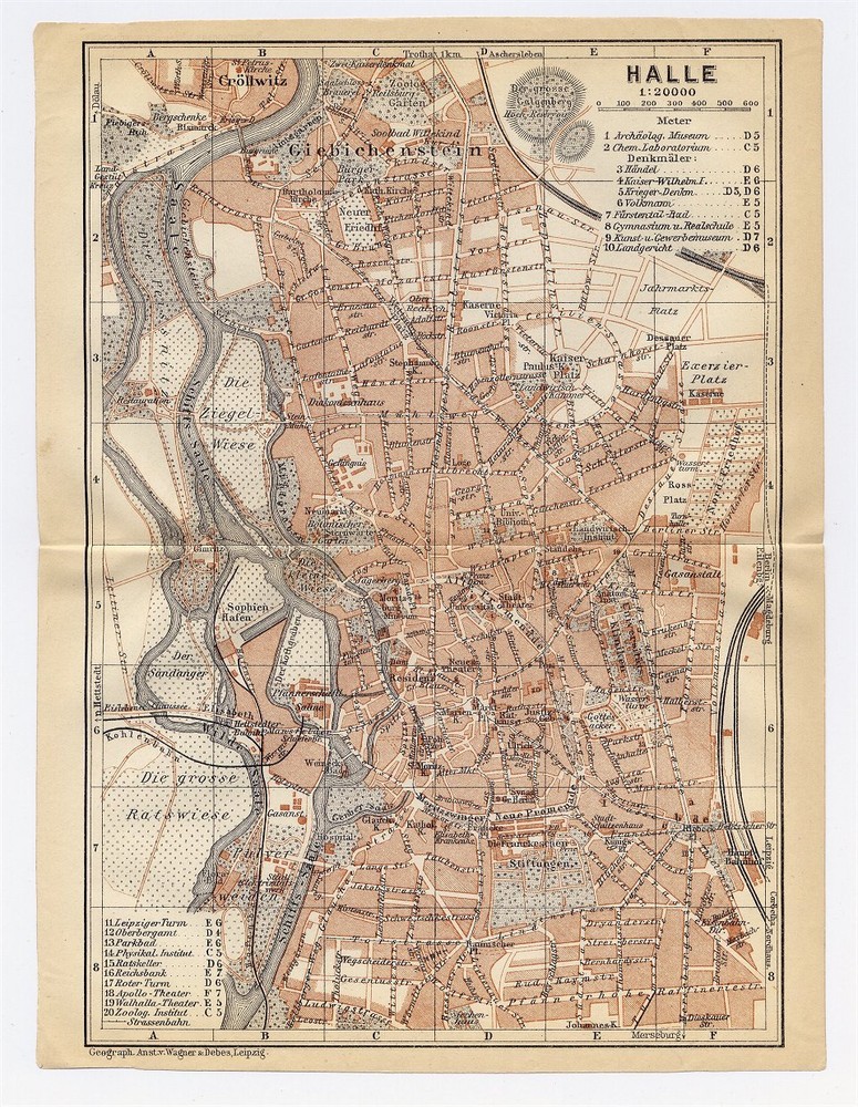 1910 Original Antique Map Of Halle City / Saxony Sachsen Anhalt Germany