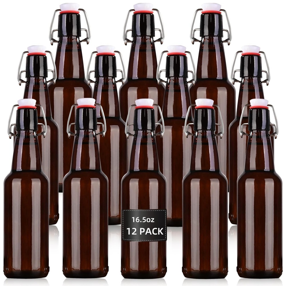 16.5 oz 12 Pack Amber Swing Top Glass Bottles for Airtight Lids, Home Brewing...