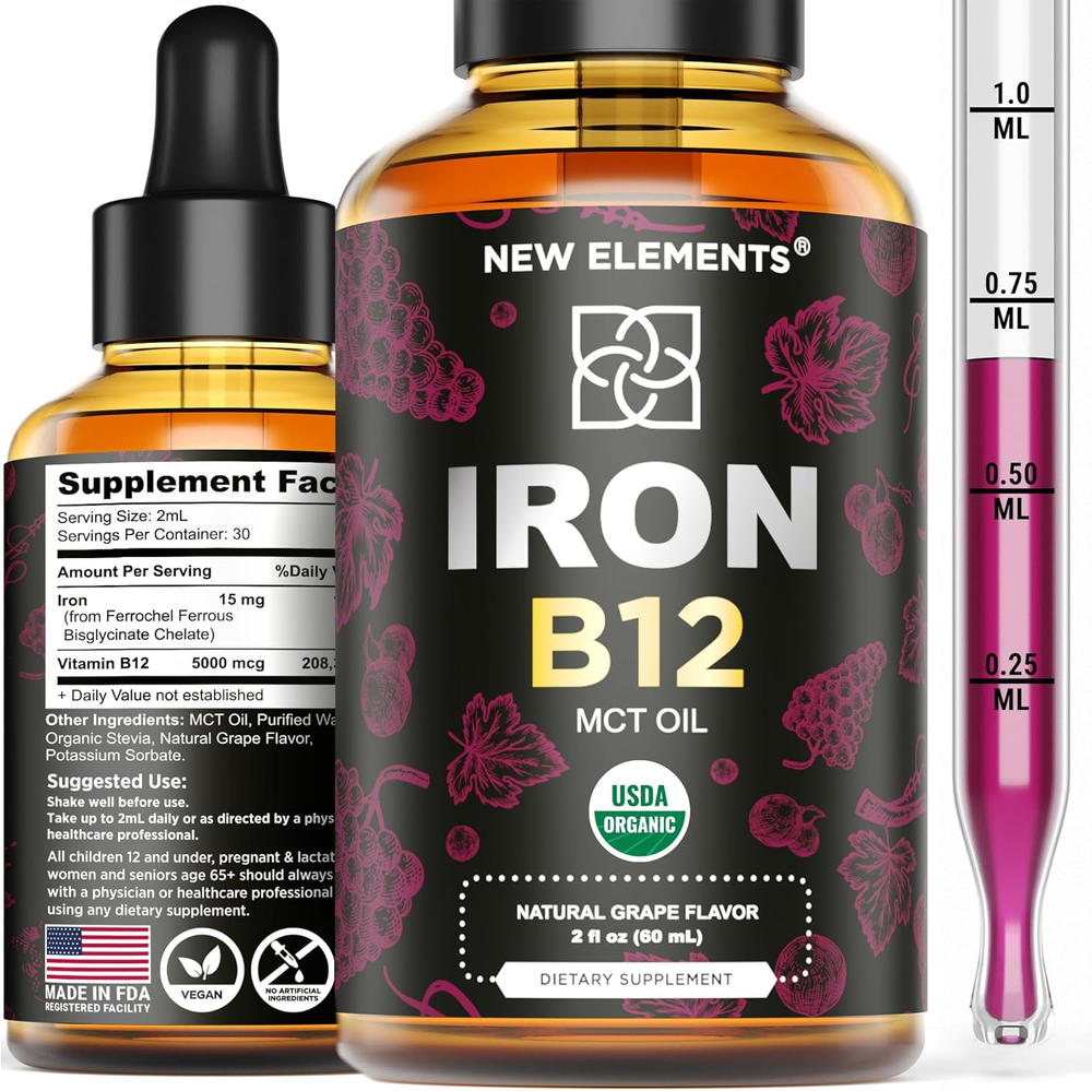 Liquid Iron Supplement for Women & Men with Vitamin B12 5000Mcg - Free Blood Bui