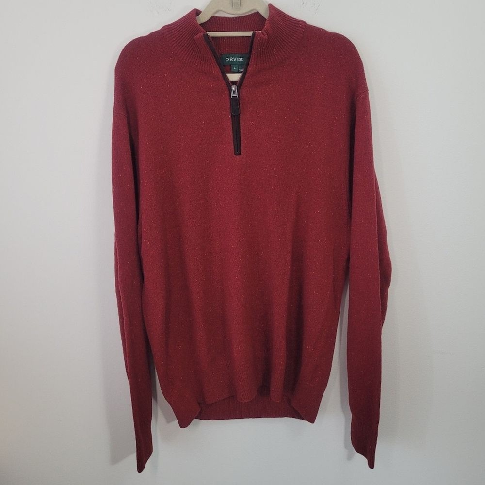 Orvis Mens Red 100% Wool Donegal Fleck Quarter Zip Sweater Large Mock Neck