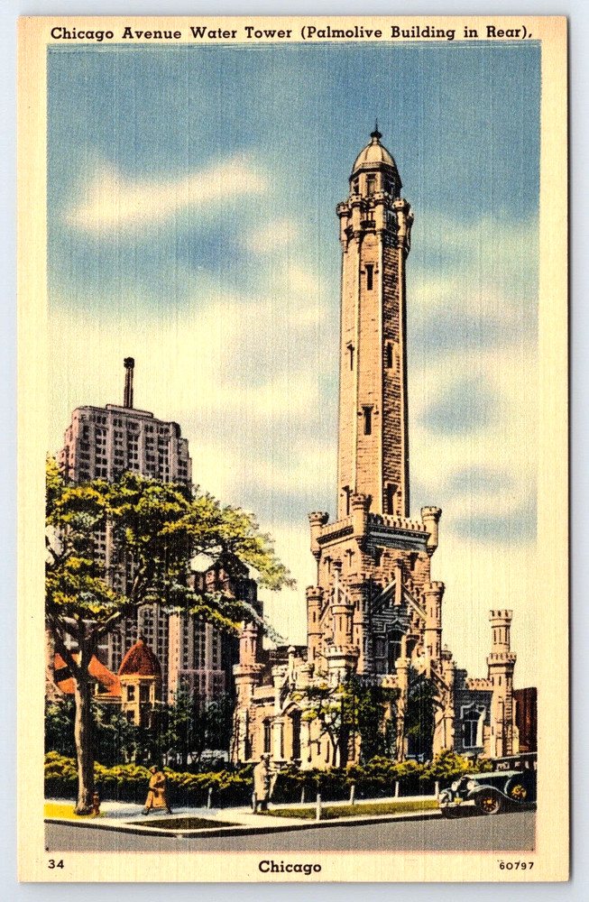 Vintage Postcard Chicago Illinois Usa Water Tower And Palmolive Building Car