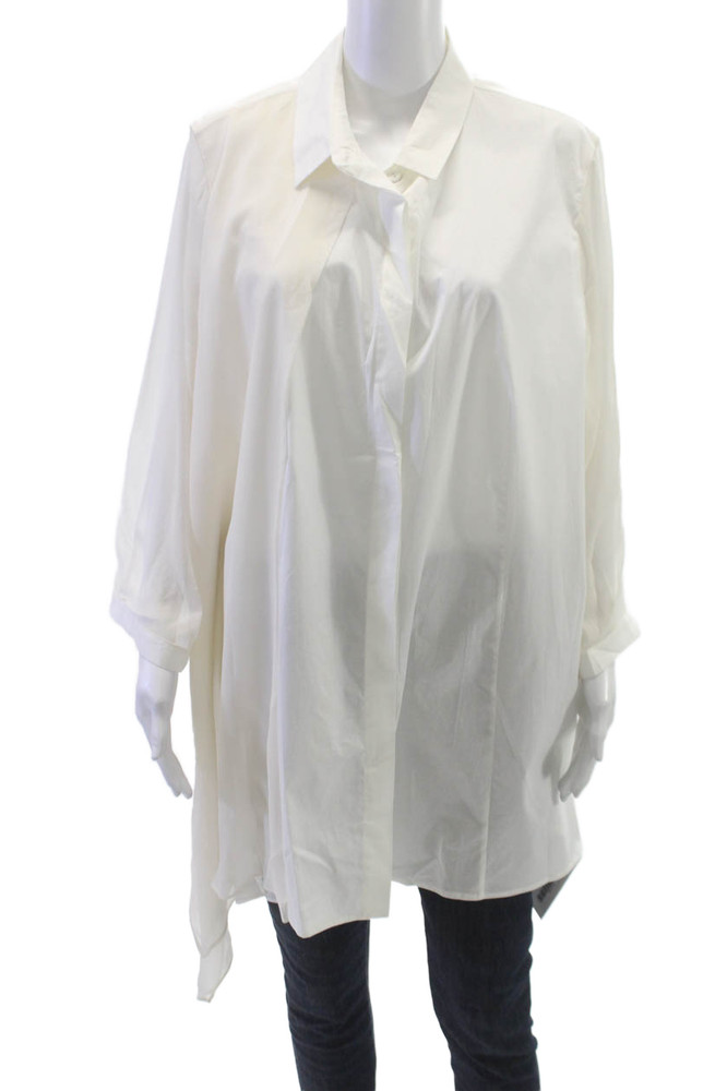 Marina Rinaldi Women Tunic Button-Up Cotton Collared Long Sleeve White Size SFree Shipping in US $100+ Orders | $6.95 Orders Below