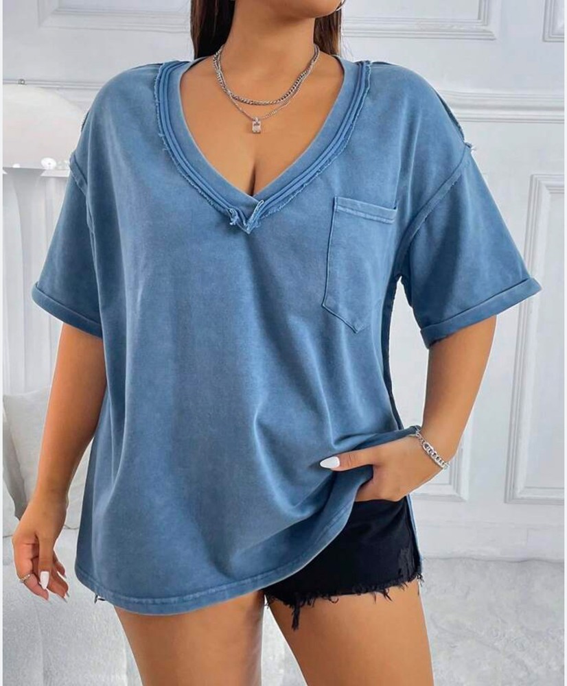 Acid Wash Vintage Look Distressed Loose Short Sleeve Exposed Seam Blue Tee-image