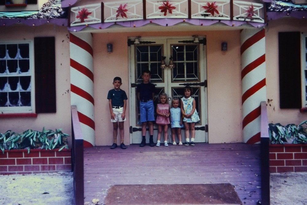 1970s Ektachrome Border 35mm Slide, Five Children Candy Cane Building USA
