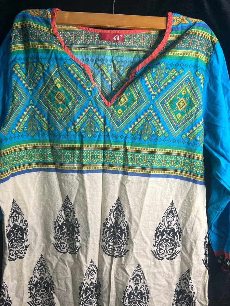 Indian Kurta Tunic Dress XL Multicolor Ethnic Print Boho Festival Wear