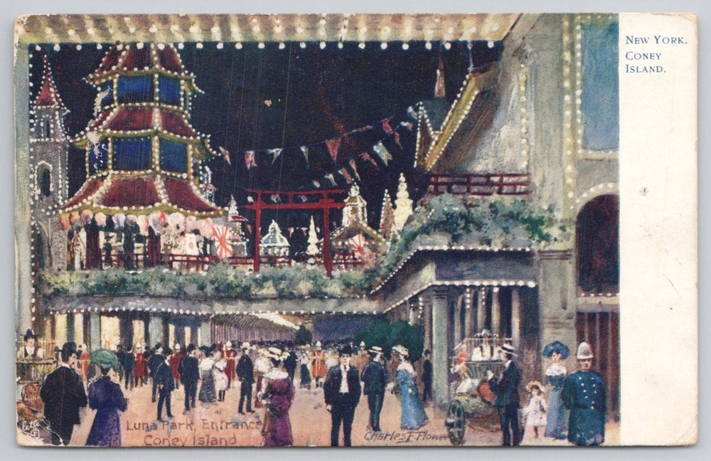 1910 Luna Park Coney Island NY Night Scene Oilette Postcard Raphael Tuck