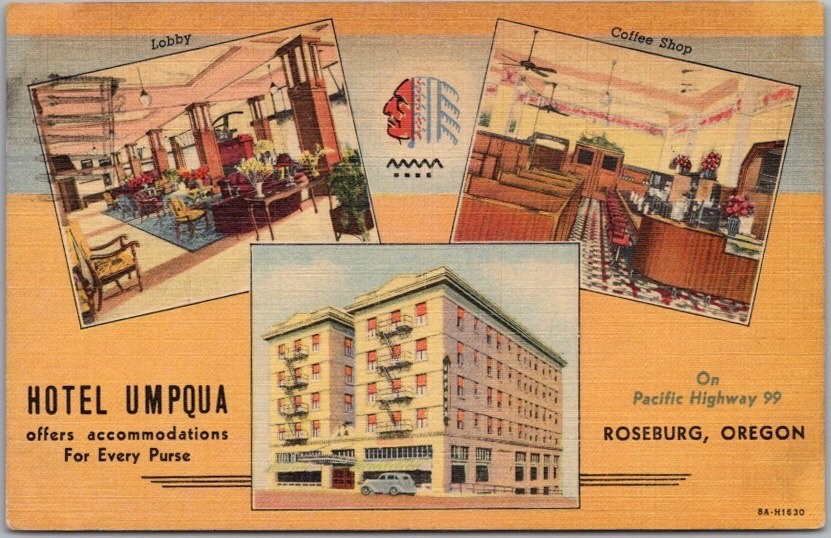 ROSEBURG, Oregon Postcard HOTEL UMPQUA with Indian Head Logo / Curteich Linen