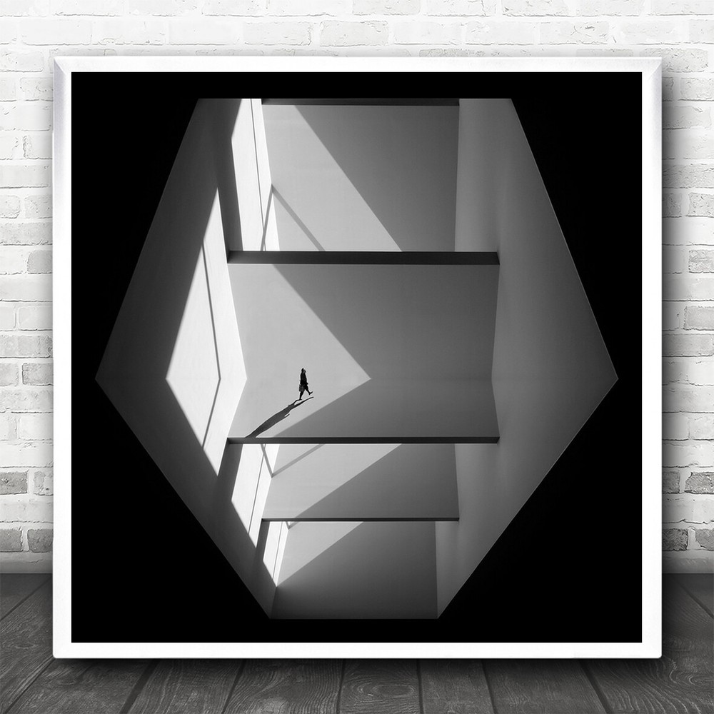 Black And White Walking Three Floors Shadows Square Wall Art Print