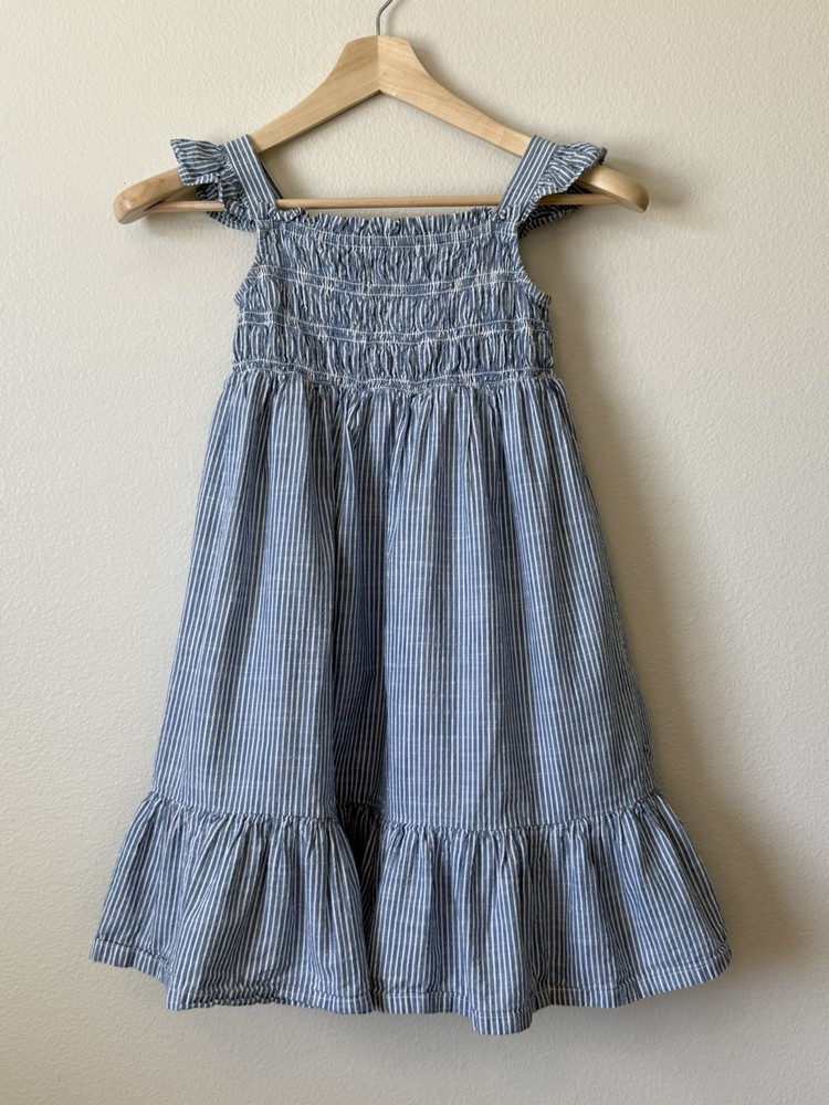 Hannah Anderson Girls 130 US 8 Smocked Pinstripe Twirl Dress Blue White Nautical
