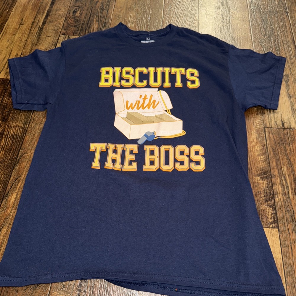 Official Ted Lasso Biscuits With Boss Short Sleeve T Shirt Men's Large Dark Blue