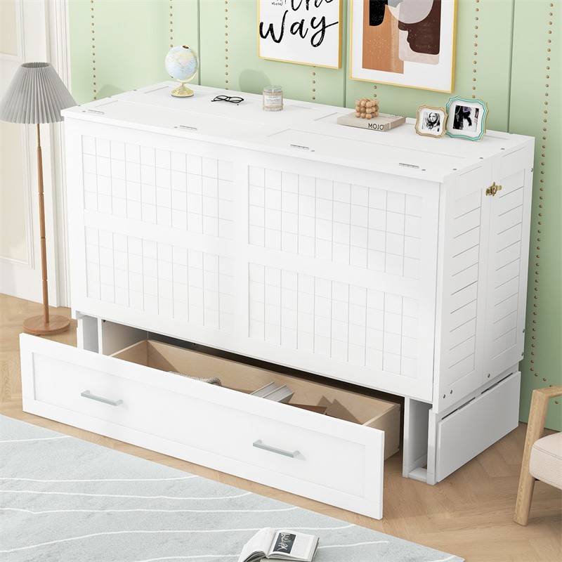 Queen Size White Murphy Bed with Drawer and Side Shelves