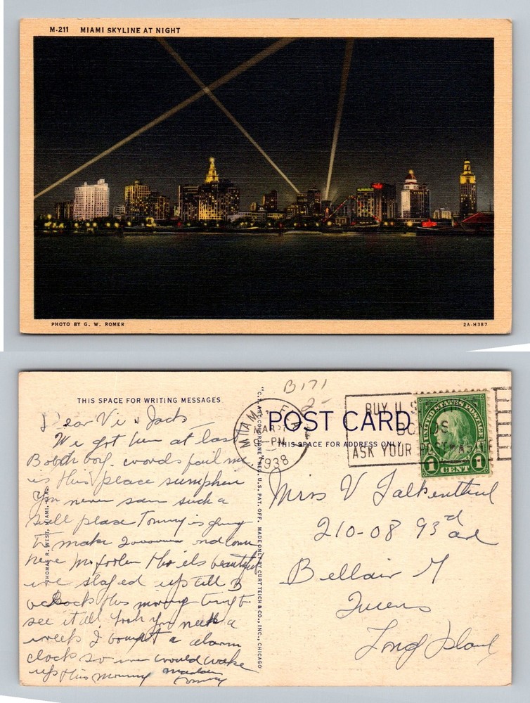 Miami, FL-Florida, Night Skyline Searchlights Waterfront Vintage c1938 Postcard
