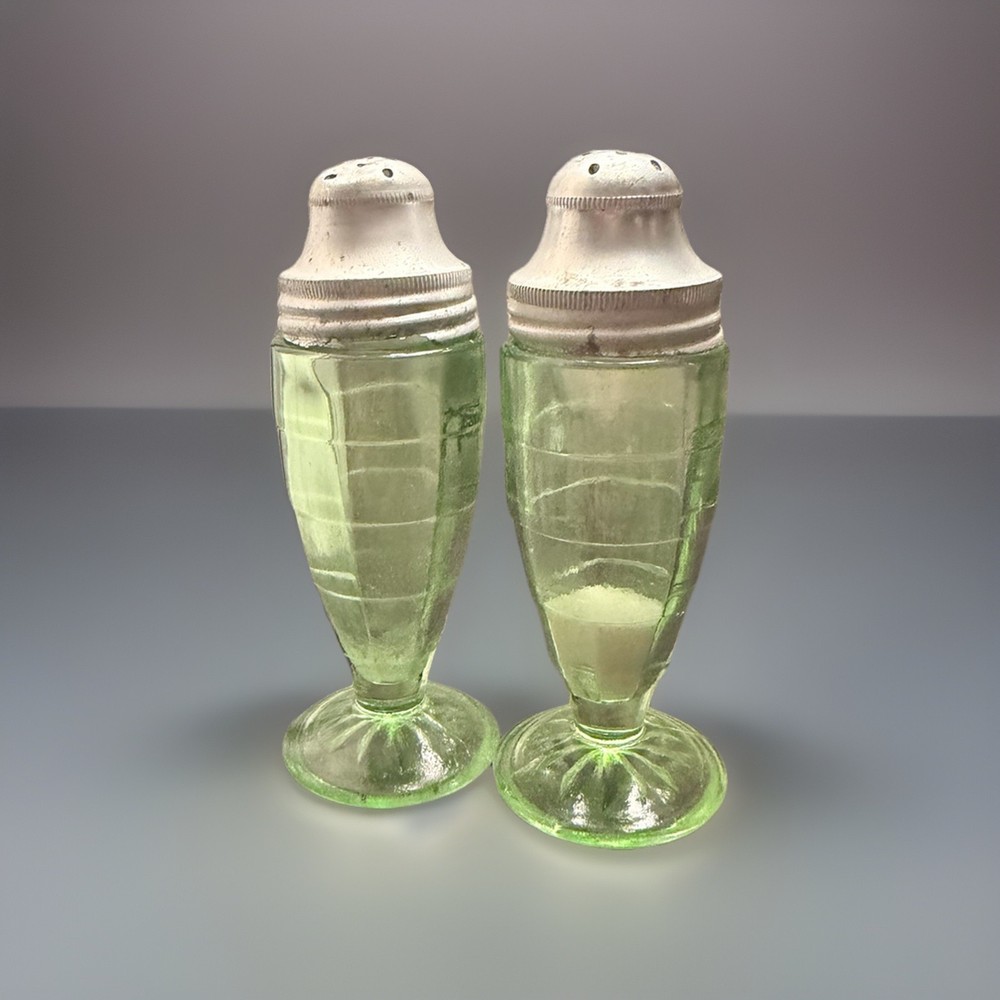 Vintage Depression Uranium Glass Salt Pepper Shakers Glows