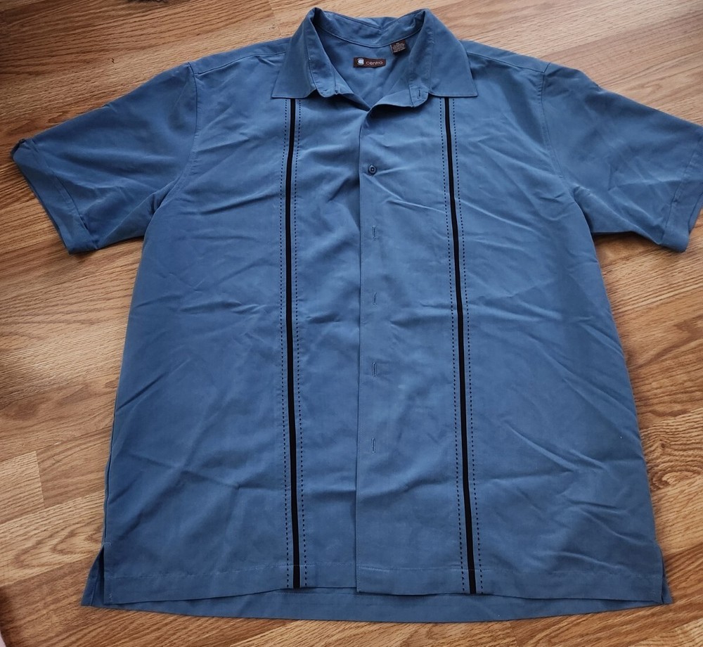 CENTRO MEN'S BLUE  w BLACK EMBROIDERY BUTTON DOWN SHORT SLEEVE SHIRT SIZE XL