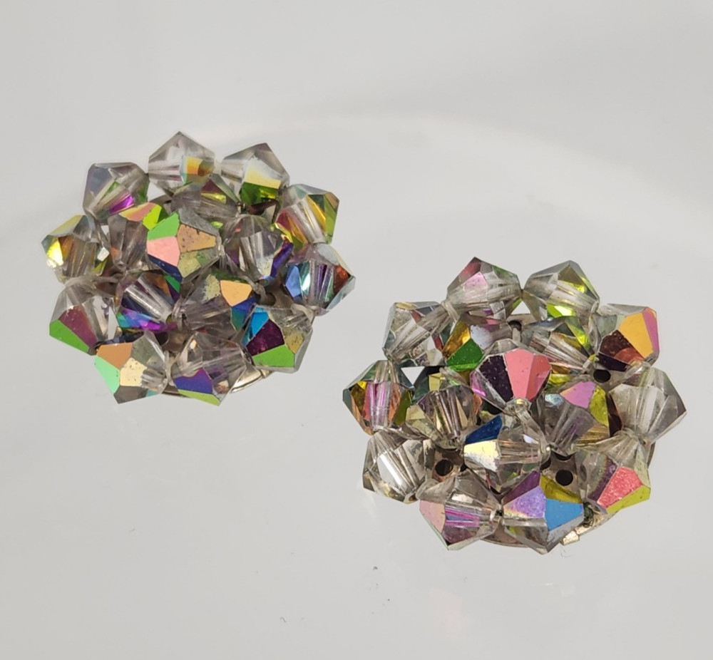Vtg Made In Austria Aurora Borealis Faceted Glass Bead Cluster Clip-on Earrings